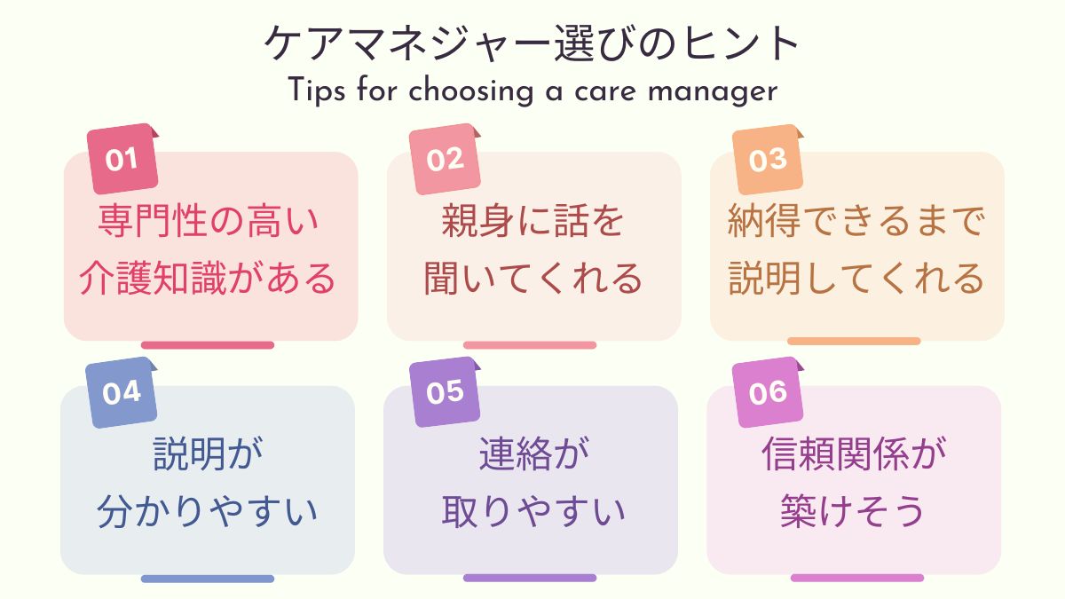 ケアマネジャー選びのヒント
①専門性の高い介護知識がある
②親身に話を聞いてくれる
③納得できるまで説明してくれる
④説明が分かりやすい
⑤連絡が取りやすい
⑥信頼関係が築けそう