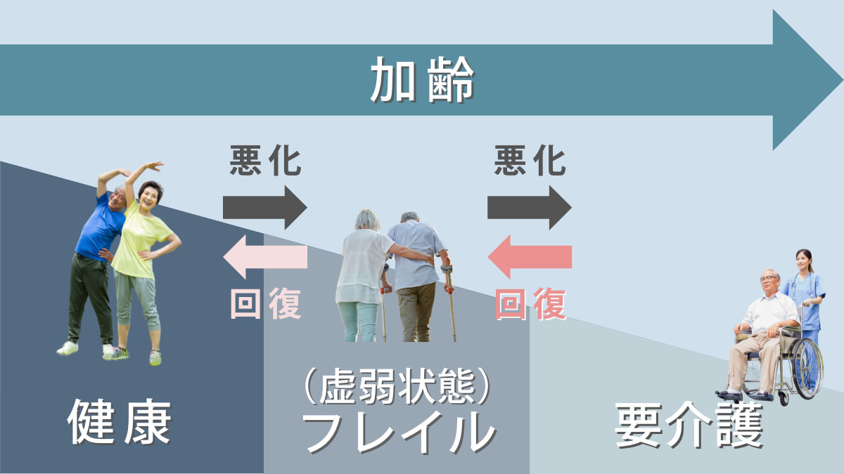 健康な状態から悪化するとフレイル（虚弱状態）になる。さらに悪化すると要介護状態になる。フレイルから健康状態、または要介護からフレイルに回復することもできる。